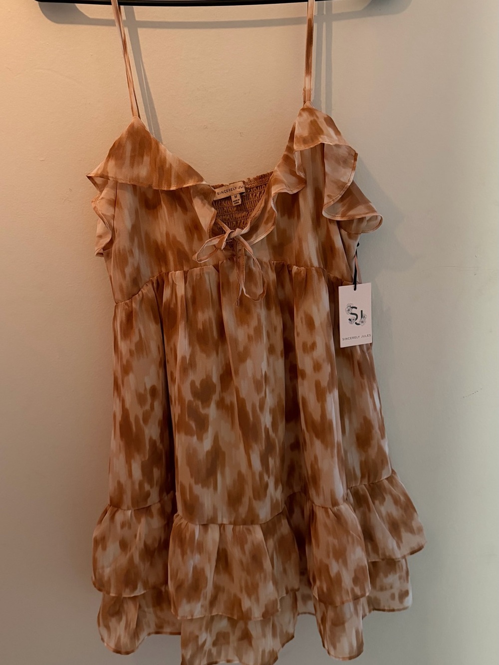 Sincerly Jules Tan & White Tie-Front Ruffle Mini Dress